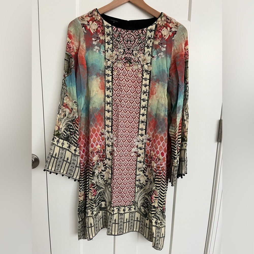 Sapphire 100% Silk Printed Tunic Dress Beaded Pearl Embellished M Baroque Print